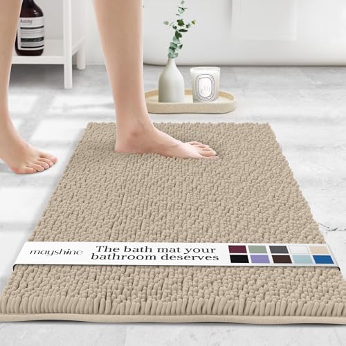 MAYSHINE Standard Plush Shaggy Chenille Bath Mat 32"x20"| Extra Soft, Super Absorbent, Non-Slip Bathroom Rug | Fluffy Microfiber, Area Rug Sets for Bathroom Floor, Kitchen, Living Room | Beige - color: Beige, size: 32"x20" Rectangular