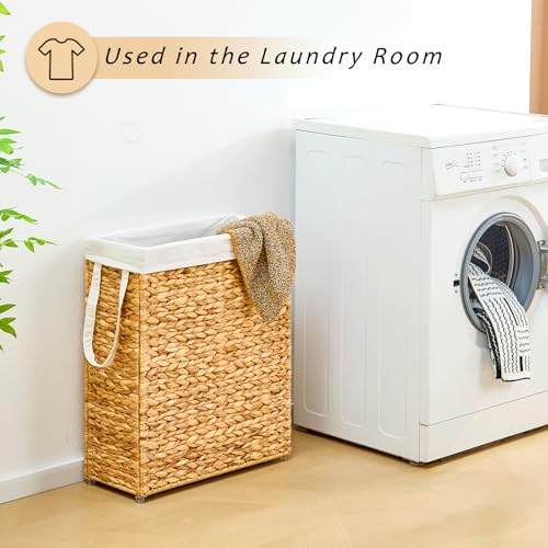 Handwoven Slim Laundry Hamper, 75L Narrow Laundry Basket, Natural Water Hyacinth Basket and Handles and Removable Liner Bag & 2 Mesh Bags (Natural, 75L) - color: Natural, size: 75L