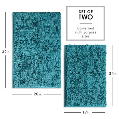 Hearth & Harbor Bathroom Rugs, Chenille Bath Mat - Machine Washable Bath Mats for Bathroom Non-Slip Backing Rubber, Quick Dry Bathroom Mat - color: Teal, style: 17 x 24 + 20 x 32