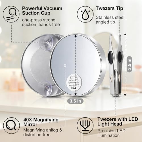 LED Lighted Tweezers & 40X Magnifying Mirror with Suction Cup Set, 2 in 1 No-Hands Makeup Mirror with Light and Precision Light Up Tweezers(Silver) - color: Silver