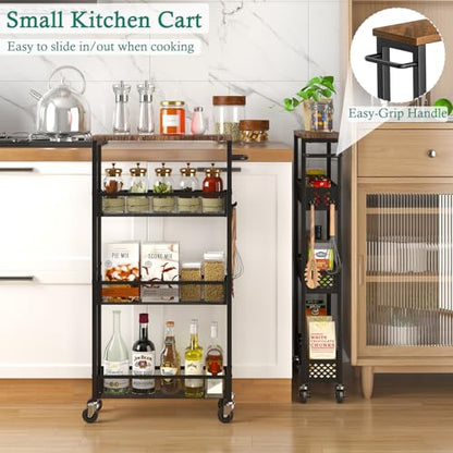 XYZLVSI Utility Slim Storage Cart on Wheels, 4 Tier Laundry Room Organizers | 5" W narrow shelf for small spaces, skinny rolling cart with wooden top and metal handle for kitchen/bathroom/Office/Dorm - size: 16.7"Dx5.0"Wx34"H
