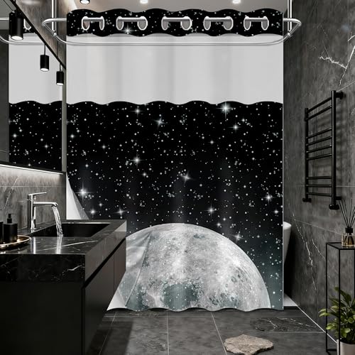 Star Moon Hookless Shower Curtain with Snap in Liner, Space Black and White Watercolor Night Sky Galaxy No Hook Double Layer Shower Curtains and Liner Set, Waterproof Cloth Fabric 71" W X 74" L - color: Black, size: 71"W x 74"L (Pack of 1)