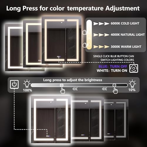Luxury 30" Wall-Mounted LED Bathroom Medicine Cabinet, Outlets, Anti-Fog | Surface-Mount/Recessed, Double-Sided Mirror Cabinet, 3 Color Temp, DTC Silent-Close Hinges, Adjustable Tempered Glass Shelfs - size: 30"W x 36"H