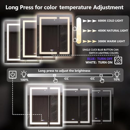 Luxury 30" Wall-Mounted LED Bathroom Medicine Cabinet, Outlets, Anti-Fog | Surface-Mount/Recessed, Double-Sided Mirror Cabinet, 3 Color Temp, DTC Silent-Close Hinges, Adjustable Tempered Glass Shelfs - size: 30"W x 36"H