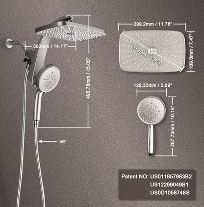12" High Pressue Rain Shower Head with Handheld, 9 Sprays Hand Showerhead | Shower Heads with Handheld Spray Combo, Dual Head, Built-in Magnetic Docking, Power Jets, 59" Shower Hose, Nickel 1.75GPM - color: Nickel
