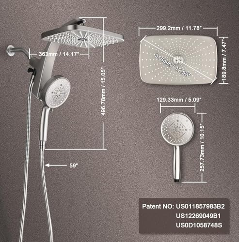 12" High Pressue Rain Shower Head with Handheld, 9 Sprays Hand Showerhead | Shower Heads with Handheld Spray Combo, Dual Head, Built-in Magnetic Docking, Power Jets, 59" Shower Hose, Nickel 1.8GPM - color: Nickel