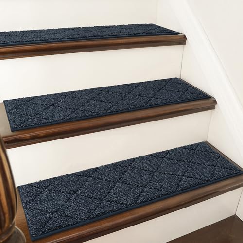 COSY HOMEER Edging Stair Treads Non-Slip Carpet Mat 28inX9in,7pc,Navy | Indoor Stair Runner for Wooden Steps,Washable Adhesive Stairs Rugs for Kid,Elder,Dog,Polyester Carpet Stair Treads,TPE Back - color: Navy, size: 28 X 9 Inches (7 Pieces)