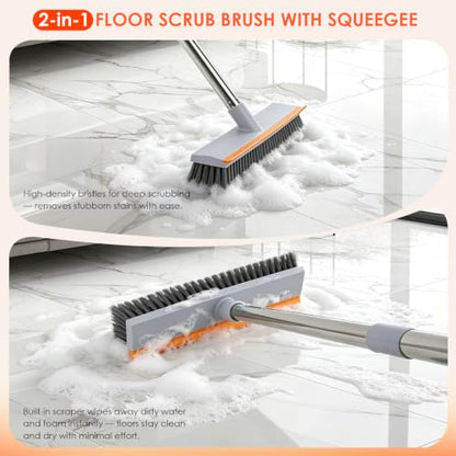 Floor Scrub Brush with 45" Long Handle, 2-in-1 Heavy-Duty Scrub Brush Broom | Stiff Bristle Scrubbing Brushes with Scrape Squeegee for Cleaning Bathroom, Kitchen, Patio, Pool, Garage, Tile, Wall, Deck