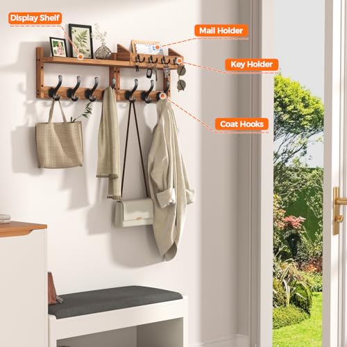 Evermagin 29" Coat Rack Wall Mount with Shelf & 11 Hooks, Entryway, Brown | Wooden Wall Mounted Coat and Key Rack with Hooks, Key Hanger with Mail Holder for Living Room, Mudroom, Bedroom - color: Brown, size: 29 inch
