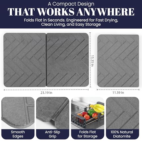 Folding Stone Dish Drying Mat for Kitchen Counter 23"x15" - Diatomaceous Earth Quick Dry Mat, Non-Slip, Foldable & Absorbent Stone Drying Pad for Dishes Cups Bottles - Kitchen Bath & Pet Mat