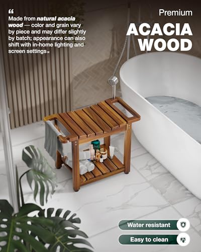 Bluewest 23.4 Inch Shower Bench with Storage Shelf, Natural Wood and Handle | Waterproof Bathroom Spa Bench for Sitting Inside the Shower and Shaving Legs, with a Built-In Handle and Shower Head Holder. - size: 2 Tier - Natural