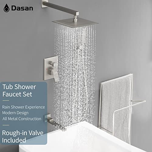DASAN Tub Shower Faucets Sets Complete Brushed Nickel Bathtub Shower System with Tub Spout, Bathtub Faucet Set Tub and Shower Faucet Combo Trim Kit with Rough-in Valve, DA-SS03BN-S10W - color: Brushed Nickel