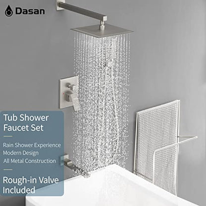 DASAN Tub Shower Faucets Sets Complete Brushed Nickel Bathtub Shower System with Tub Spout, Bathtub Faucet Set Tub and Shower Faucet Combo Trim Kit with Rough-in Valve, DA-SS03BN-S10W - color: Brushed Nickel