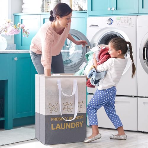 2 Pack Laundry Baskets, 92L Freestanding Laundry Basket with Handles, Waterproof Tall Collapsible Clothes Hamper for Dorm, Bedroom, Bathroom