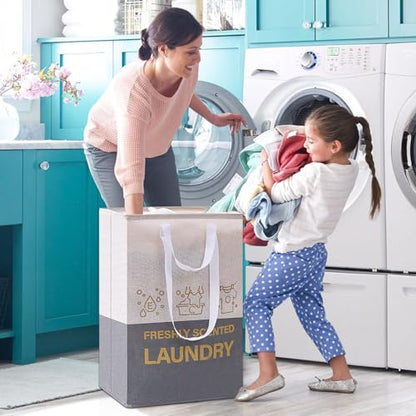 2 Pack Laundry Baskets, 92L Freestanding Laundry Basket with Handles, Waterproof Tall Collapsible Clothes Hamper for Dorm, Bedroom, Bathroom
