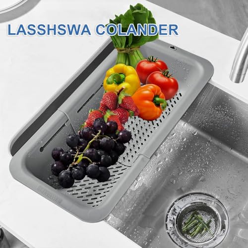 LASSHSWA Collapsible Colander for Kitchen, Over the Sink Strainer Basket for Kitchen, Fruit Pasta Food Strainer Expandable Plastic Colander BPA Free (Gray) - color: Gray