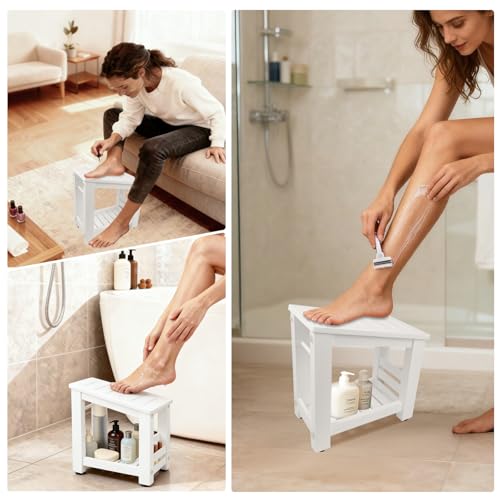 White Bamboo Shower Foot Rest for Shaving Legs, Water-Resistant Pedicure Foot Stool with Lower Storage Shelf, Compact Bathroom Shaving Step for Shower and Bath - color: White