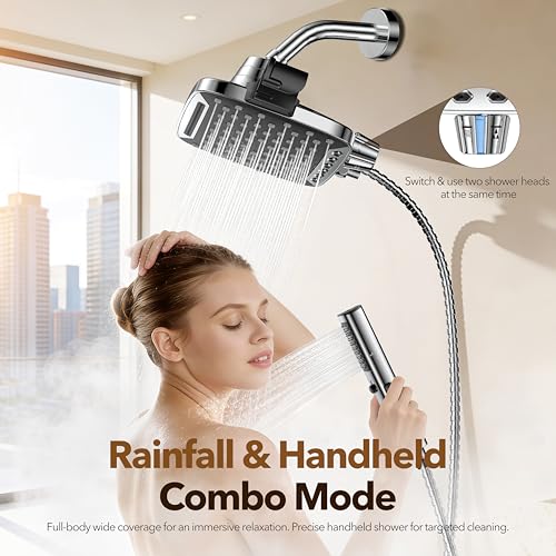 JDO High Pressure Rain Shower Head with Handheld Spray Silver | 7 Modes Dual Shower Head, 10-inch Rainfall Showerheads Combo, Detachable Hand Held Shower Wand, Power Jets, 71" Hose - color: Silver
