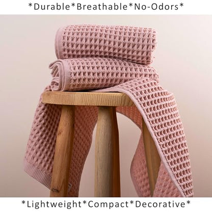 PÜSKÜL Natural 100% Turkish Cotton Waffle Kitchen and Hand Towels, 3-Piece | Pink Powder, 32x16" Large, Premium 3D Honeycomb Weave Soft Absorbent Quick-Dry Lint-Free Dish Towel, Oeko-Tex Made in Turkey - color: Pink Powder, size: Kitchen & Hand Towels Pac