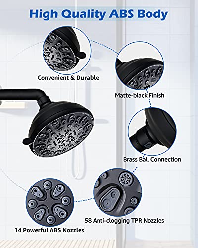 High Pressure Shower Head VMASSTONE 4.7" Rain Fixed Showerhead 7-Spray Setting with Adjustable Brass Swivel Ball Joint - Excellent Replacement for Your Bath Shower Head (FM-001 Matte Black) - color: Matte Black