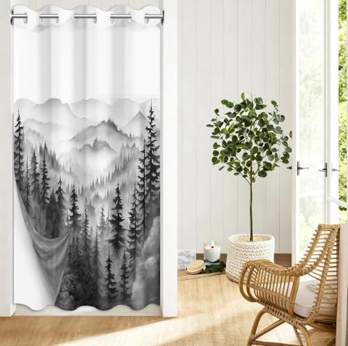 Black Forest Hookless Shower Curtain with Snap in Liner, 60x74 in, 2 in 1 | No Hook, Double Layer Snap on Liner, Mens Nature Bathroom Decor, Waterproof Polyester Fabric, See Through Top with Window - color: Black, size: 60"W x 74"L (Pack of 1)
