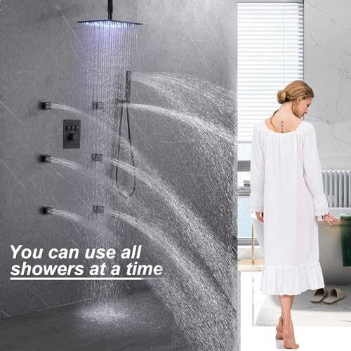 Enga Thermostatic Shower System with Body Jets (Use All Functions At A Time), Ceiling Mounted 12 Inch LED Rain Shower with 6 Body Spray Jets and Handheld Shower Faucet Set, Matte Black - color: Black, style: Ceiling Mount-6 Jets