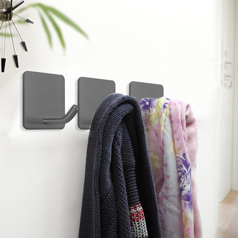 Adhesive Towel Hooks Stick on Towel Hanger Wall Hooks Waterproof Stainless Steel Sticky Hooks for Hanging Bathroom Kitchen Home Grey -4 Packs - color: Gray