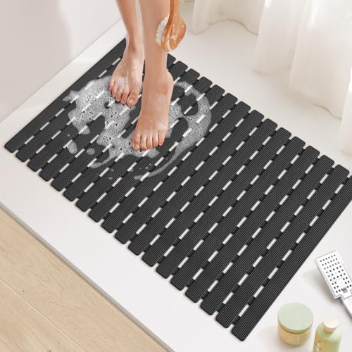 Yolife Quick Drain Shower Mat, 24.8 x 15.8 inch Power Grip Shower Mat Non Slip, Raised Non Slip Shower Mats for Inside Shower, Heavy Duty Curlable Stand up Shower Floor Mat,Black
