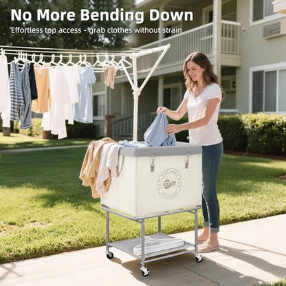 STORAGE MANIAC Rolling Laundry Cart with Storage Shelf, Heavy Duty Industrial Laundry Basket with Wheels, Commercial Metal Frame Clothes Hamper with Canvas Bag for Dorm, Closet, Bedroom, Beige