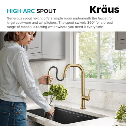 KRAUS Torak Pull Down Kitchen Faucet in Spot-Free Brushed Brass with 2 Function Sprayer, Pre-Attached Water Lines, and Mounting Hardware, KPF-2841SFBB - color: Spot Free Brushed Brass, style: Pull-Down Square Arc Faucet