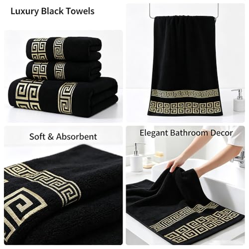 Highly Absorbent Embroidered Bath Towel Set of 3, 100% Cotton Bath Towels | 1 Bath Towel 2 Hand Towels, Super Soft and Absorbent Bathroom Towels - color: Black