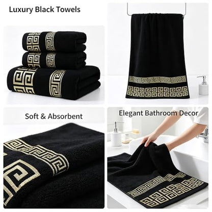Highly Absorbent Embroidered Bath Towel Set of 3, 100% Cotton Bath Towels | 1 Bath Towel 2 Hand Towels, Super Soft and Absorbent Bathroom Towels - color: Black