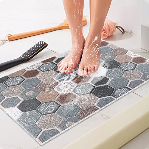 Shower Mat Bathtub Mat Non-Slip, 24x32 Inch, Soft Comfort Bath Mat with Drainage Holes, PVC Loofah Massage Bathmat for Shower, Tub, Bathroom, Wet Areas, Quick Drying - color: Hexagonal Tiles, size: 32" x 24" (Rectangular)