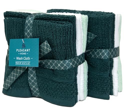 PH Pleasant Home Ribbed Wash Cloths Set - 12 Pack (12” x 12”) – 509 GSM - 100% Ring Spun Cotton Wash Cloth - Super Soft and Highly Absorbent Face Towels (Green, White, Mint) - color: Green, White & Mint, style: Ribbed