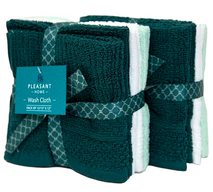 PH Pleasant Home Ribbed Wash Cloths Set - 12 Pack (12” x 12”) – 509 GSM - 100% Ring Spun Cotton Wash Cloth - Super Soft and Highly Absorbent Face Towels (Green, White, Mint) - color: Green, White & Mint, style: Ribbed