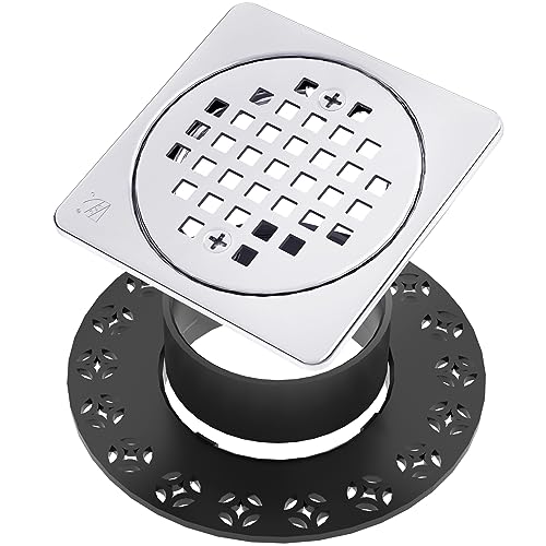 4 Inch Shower Floor Drain with Flange, Square Shower Drain Kit | SS304 Stainless Steel and ABS Material, Height Adjustment Collar and Ring - Chrome - color: Chrome