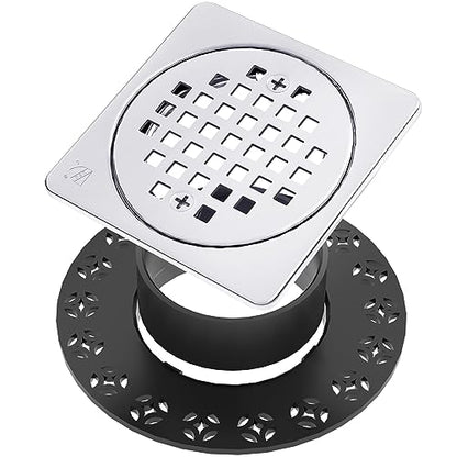 4 Inch Shower Floor Drain with Flange, Square Shower Drain Kit | SS304 Stainless Steel and ABS Material, Height Adjustment Collar and Ring - Chrome - color: Chrome