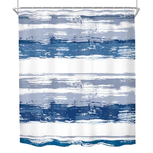 Abstract Navy Blue Modern Gray Striped Neutral Bathroom Shower Curtain Set | 60Wx72H Geometric Watercolor design, waterproof HD print with fast-drying fabric and 12 hooks. - color: B1-navy Blue, size: 60"W x 72"L (Pack of 12)