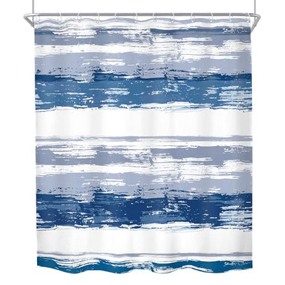 Abstract Navy Blue Modern Gray Striped Neutral Bathroom Shower Curtain Set | 60Wx72H Geometric Watercolor design, waterproof HD print with fast-drying fabric and 12 hooks. - color: B1-navy Blue, size: 60"W x 72"L (Pack of 12)
