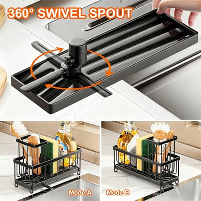 Black Sponge Holder for Kitchen Sink, Sink Caddy with Brush Holder Self-draining Sponge, Sturdy Rustproof Stainless Steel Kitchen Countertop Organizer for Soap Dispenser - style: Style 1
