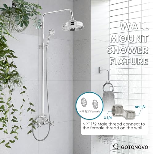 gotonovo Exposed Shower System Wall Mount,Polish Chrome,Metal Handheld | 8” Rain Shower Head Faucet Set Fixtures,2 Function,Two Cross Handle,Height Adjustable,for 5-6.7" Hole,Indoor Victorian Retro - color: Chrome