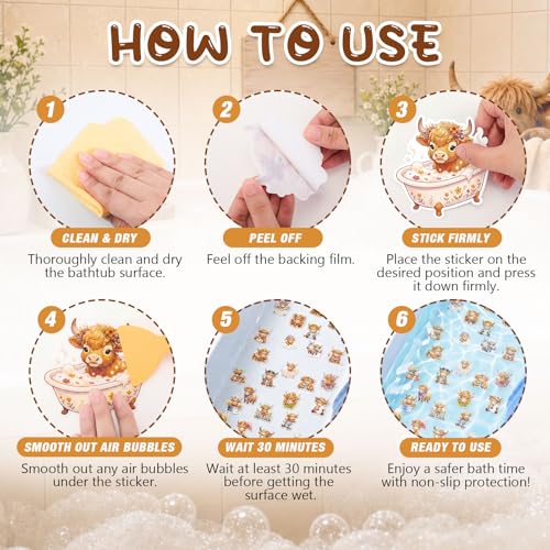 Fullhawl 30 Pcs Highland Cow Non Slip Shower Stickers, Bathtub Safety | 30 Pack Highland Cow Theme, Cute Farm Style Design, Non Slip Grip Surface, Fun Safety Decor for Bathroom Use - style: Highland Cow