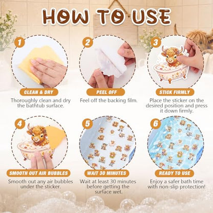 Fullhawl 30 Pcs Highland Cow Non Slip Shower Stickers, Bathtub Safety | 30 Pack Highland Cow Theme, Cute Farm Style Design, Non Slip Grip Surface, Fun Safety Decor for Bathroom Use - style: Highland Cow