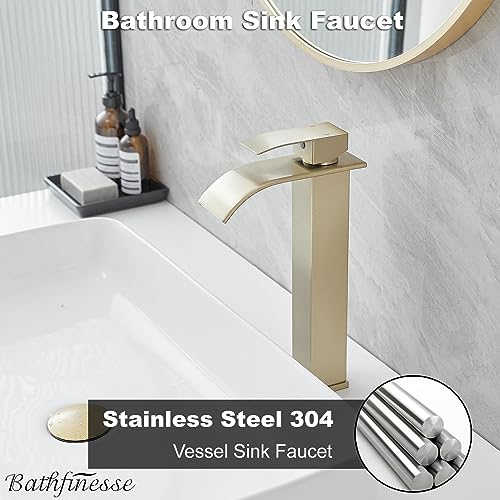 Vessel Sink Faucet Brushed Gold Waterfall Bathroom Faucet with Pop Up Drain | Stainless Steel,Single Handle One Hole Deck Mount,Bowl Vanity Sink Faucet,with 3/8" Supply Hose,Lead-Free by Bathfinesse - color: Brushed Gold