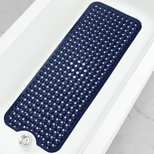 Bathtub and Shower Mats, 40x16 Inch Extra Large Non Slip Soft Bath Tub Mat with Suction Cups and Drain Holes for Bathroom Floor and Keep Tubs Clean, Machine Washable, Navy Blue - color: Navy Blue