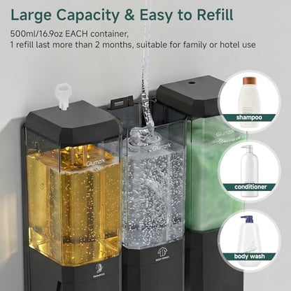 Shampoo and Conditioner Dispenser 3 Chamber 17oz No Drill Shower Soap Dispenser Wall Mounted Shampoo Conditioner Body Wash Refillable Bathroom Shower Dispenser (Black+Smoke Gray 3 Chamber) - color: Black-smoke Gray-3