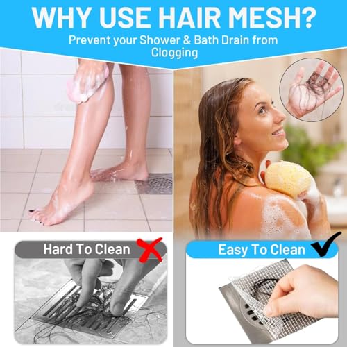25 PCS Disposable Shower Drain Hair Catcher with Scrapper, 3.94 Inches Square Drain Hair Catcher Stickers for Bath & Kitchen, Hair Catcher Shower Drains Cover for Human, Pet Hair, Bathtub & Laundry - size: Square - 25 Packs Mesh