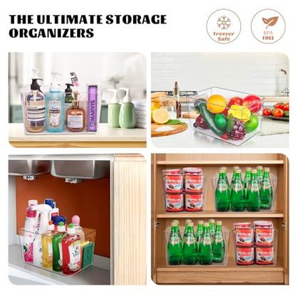 6 Pack Large Clear Plastic Storage Bins, Kitchen &Pantry Organizer | Heavy-duty 450g BPA-free PETG containers with handles for fridge, under-sink, bathroom, office, closet, and garage storage - size: 6 Large & 0 Small