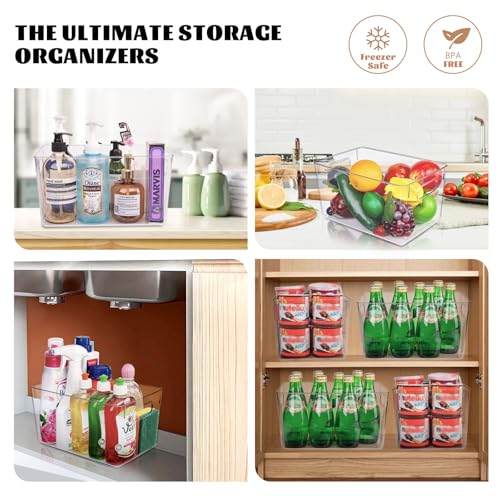 Set of 8 Pantry Organizers and Storage, Clear Plastic Bins(4L+4S) | BPA-free PETG storage containers with handles, Ideal for kitchen, fridge, bathroom, cabinet, office, and garage organization - size: 4 Large & 4 Small