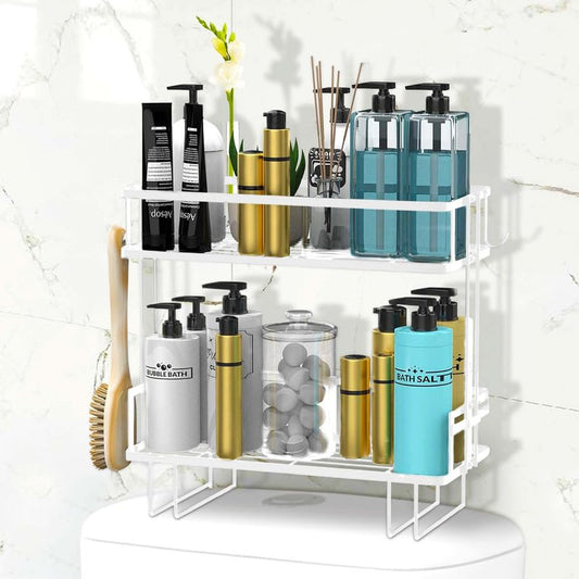 DINEST 2 Tier Over The Toilet Storage Shelf, Anti Resistant Bathroom Shelf Over Toilet Organizer, Multifunctional No Drilling Above Toilet Storage with Wall Mounting Design(White) - color: White
